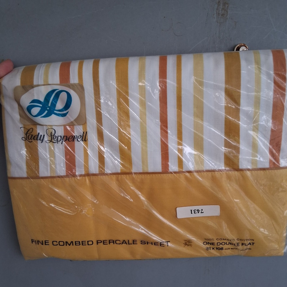 Vtg 60s 70s NOS Lady Pepperell Full Flat Sheet Striped Yellow Orange Fall Colors